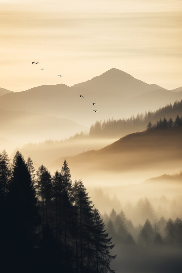 Birds flying over a valley with mountains and trees