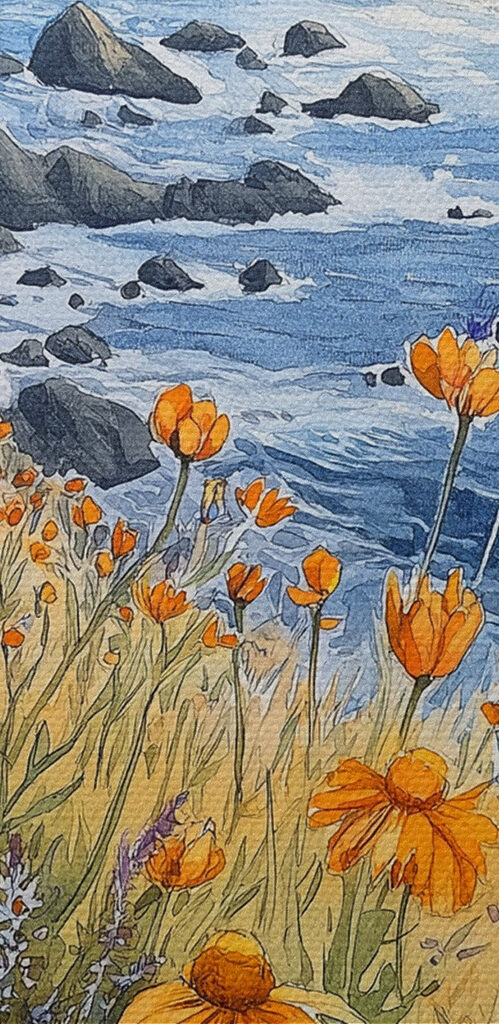Painting of flowers on a cliff by the ocean