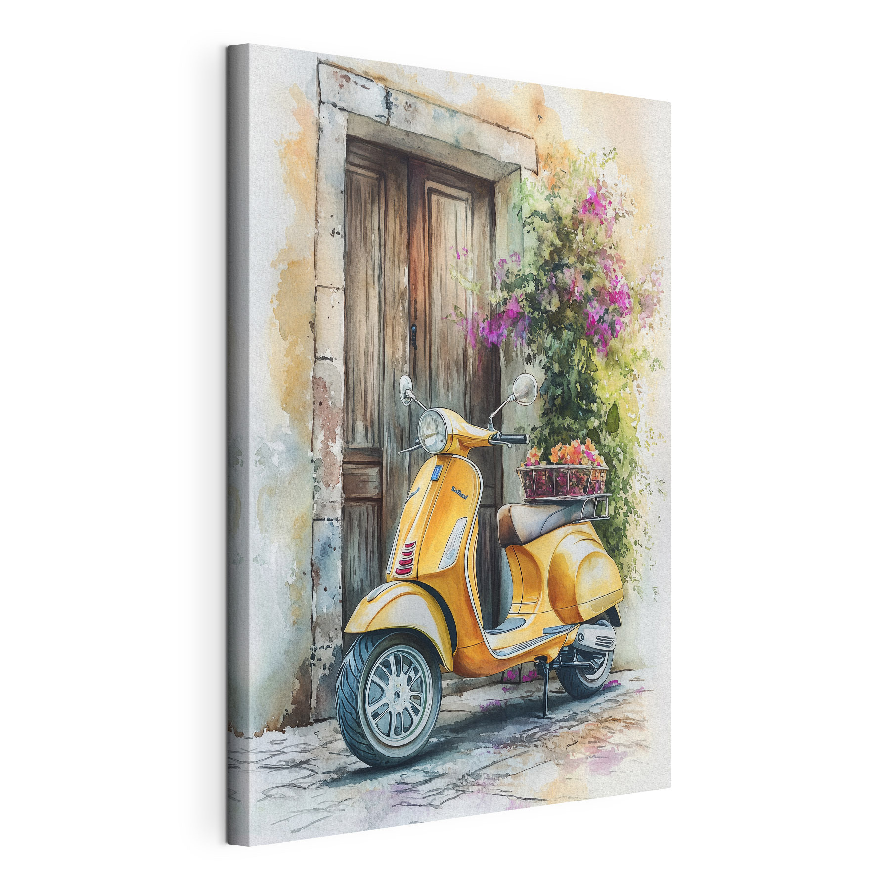 Yellow scooter with basket of flowers on the back