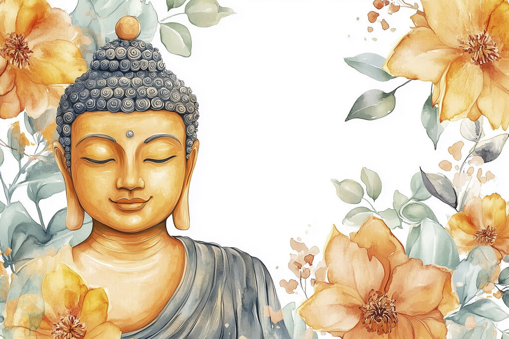 Painting of a buddha with flowers