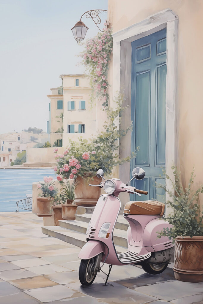 Pink scooter parked on a stone sidewalk next to a door Pink scooter parked on a stone sidewalk next to a door
