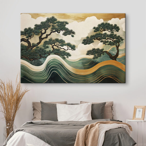 Painting of trees and waves