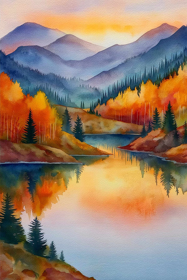 Watercolor painting of a lake surrounded by trees