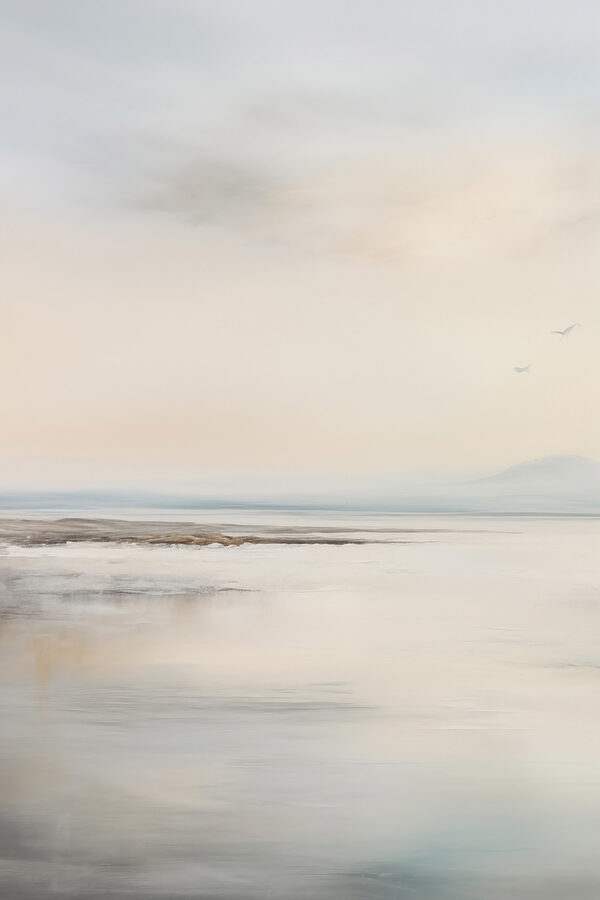 Landscape with a lake and birds flying