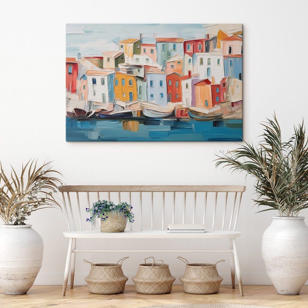 Painting of a city with boats on the water