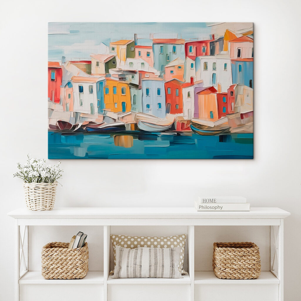 Painting of a city with boats on the water