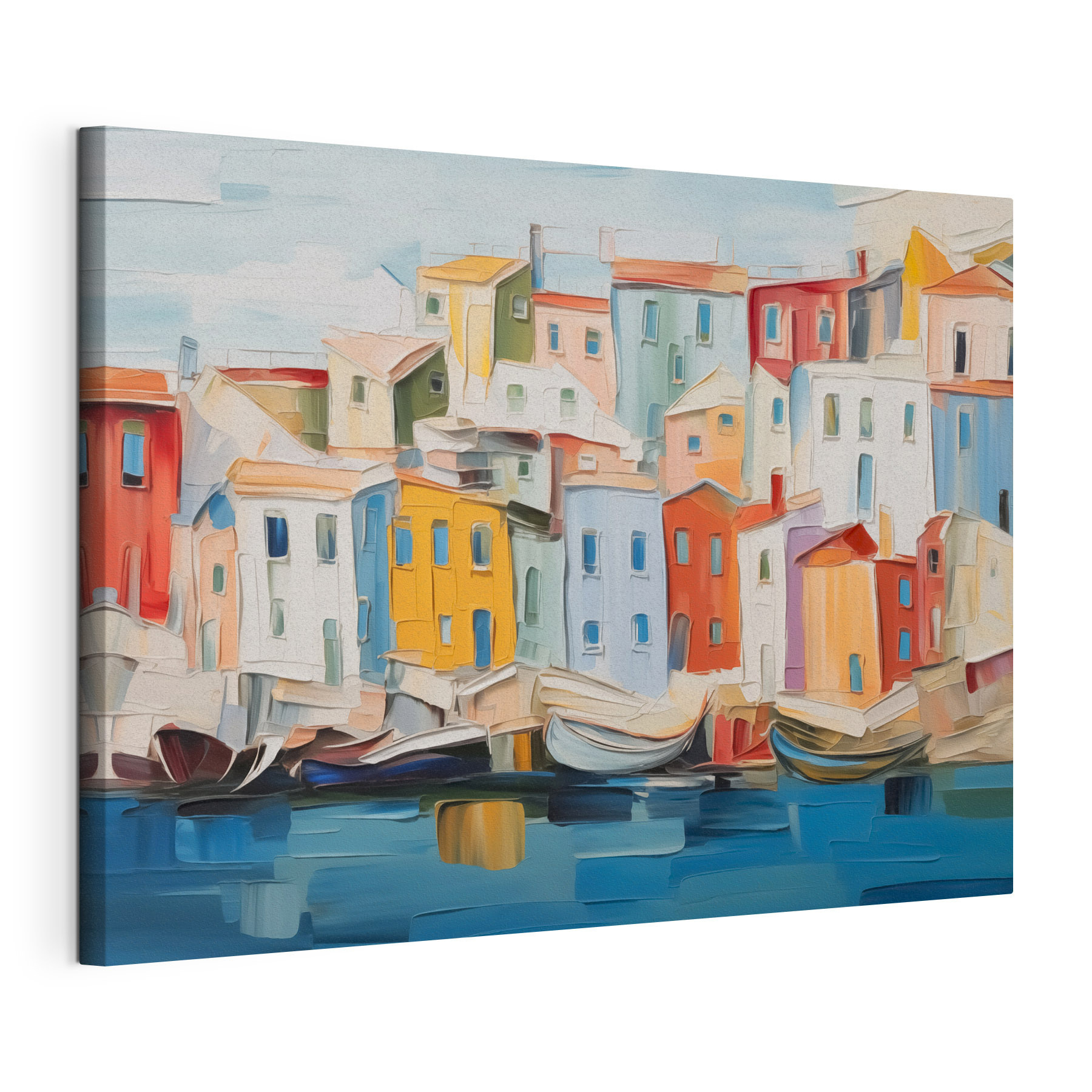 Painting of a city with boats on the water