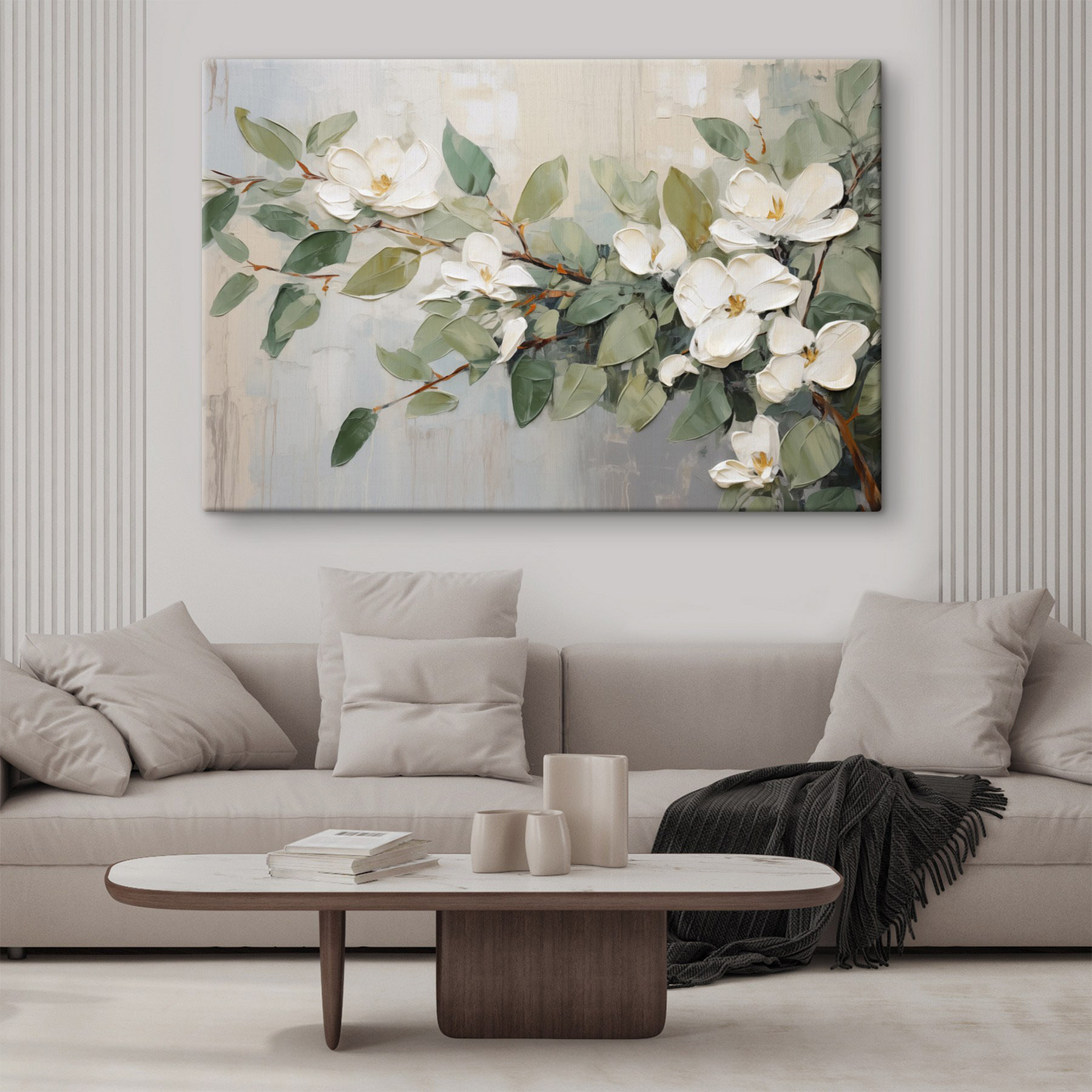 Painting of white flowers and green leaves