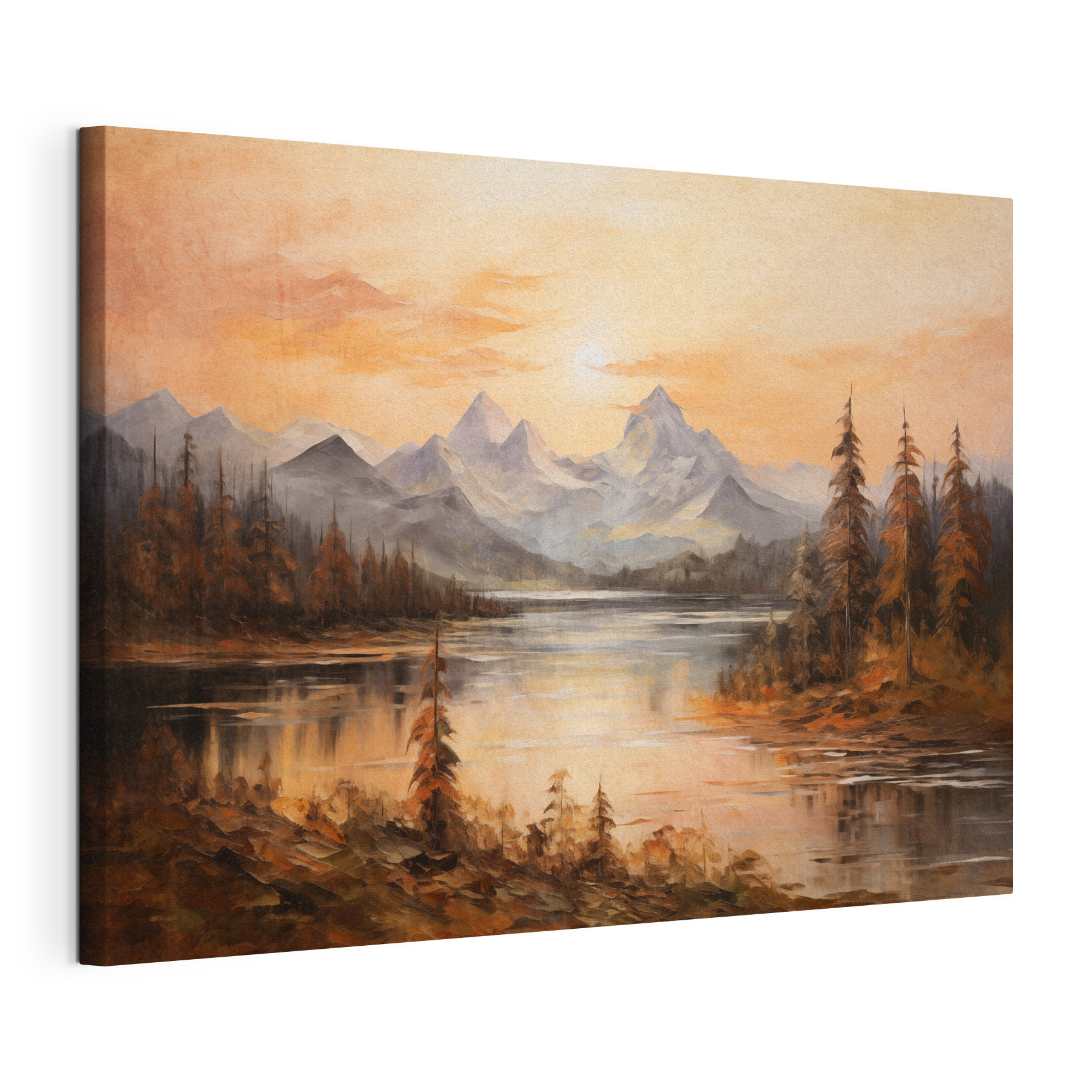 Painting of a lake with mountains in the background Painting of a lake with mountains in the background