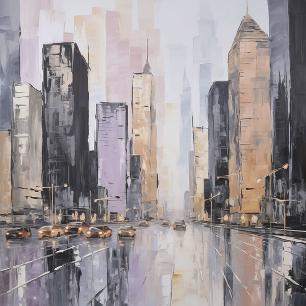 Painting of a city street with cars and buildings