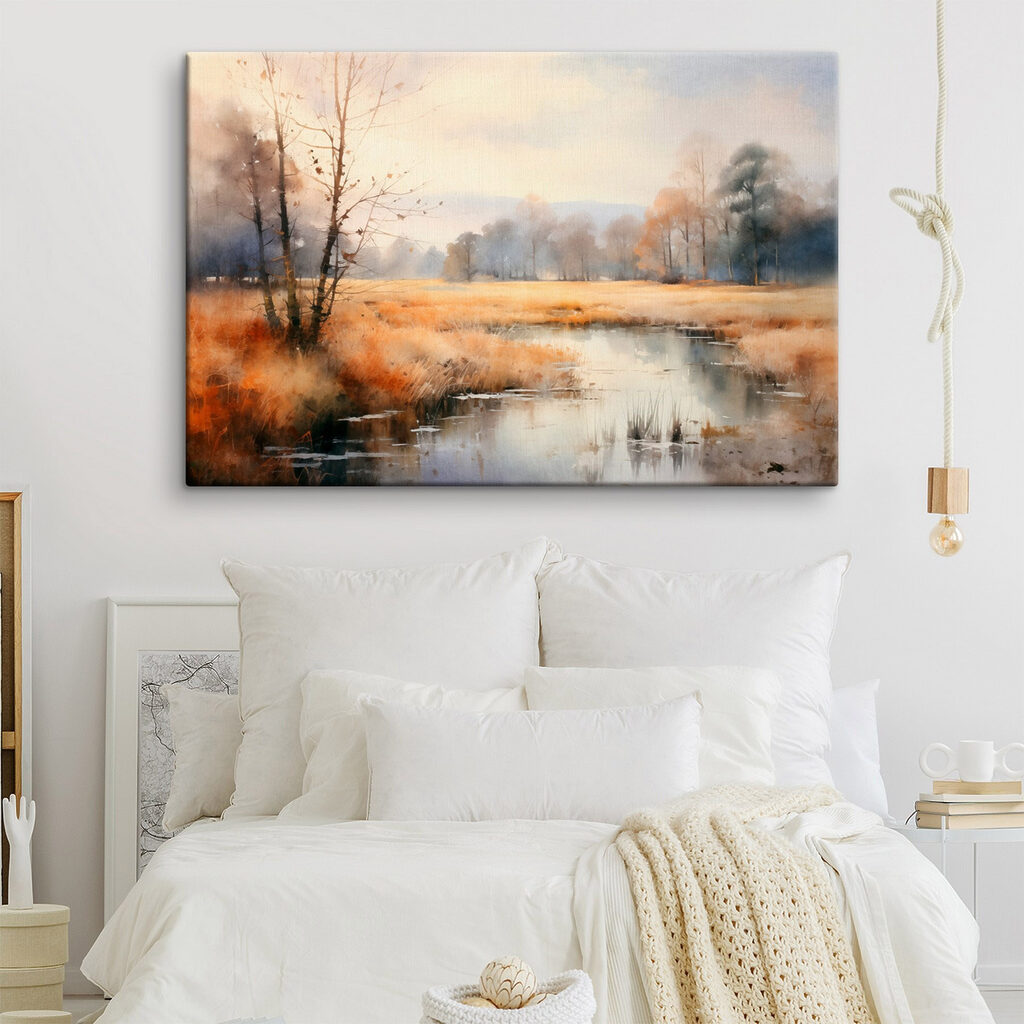 Watercolor painting of a marsh with trees and grass