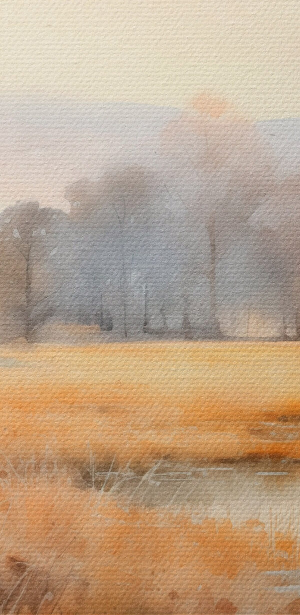 Watercolor painting of a marsh with trees and grass