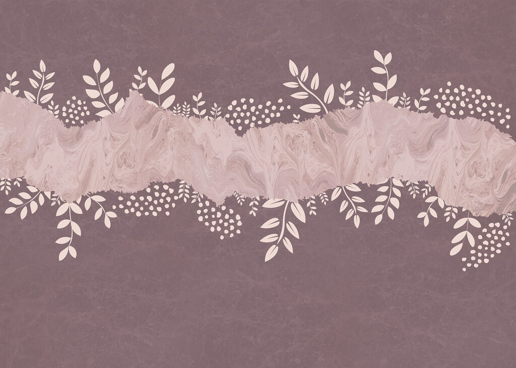 Purple and white background with leaves and flowers