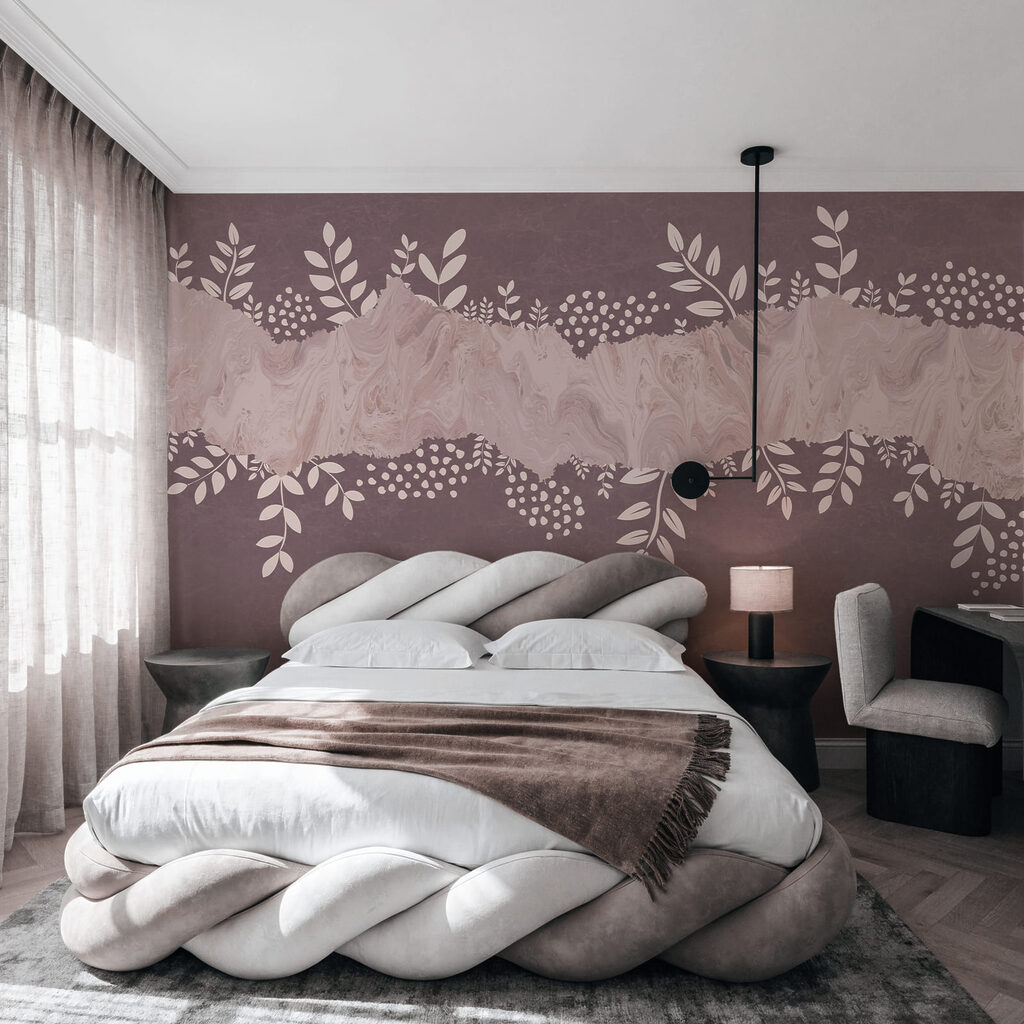 Lila-weißer Hintergrund mit Blättern und Blumen