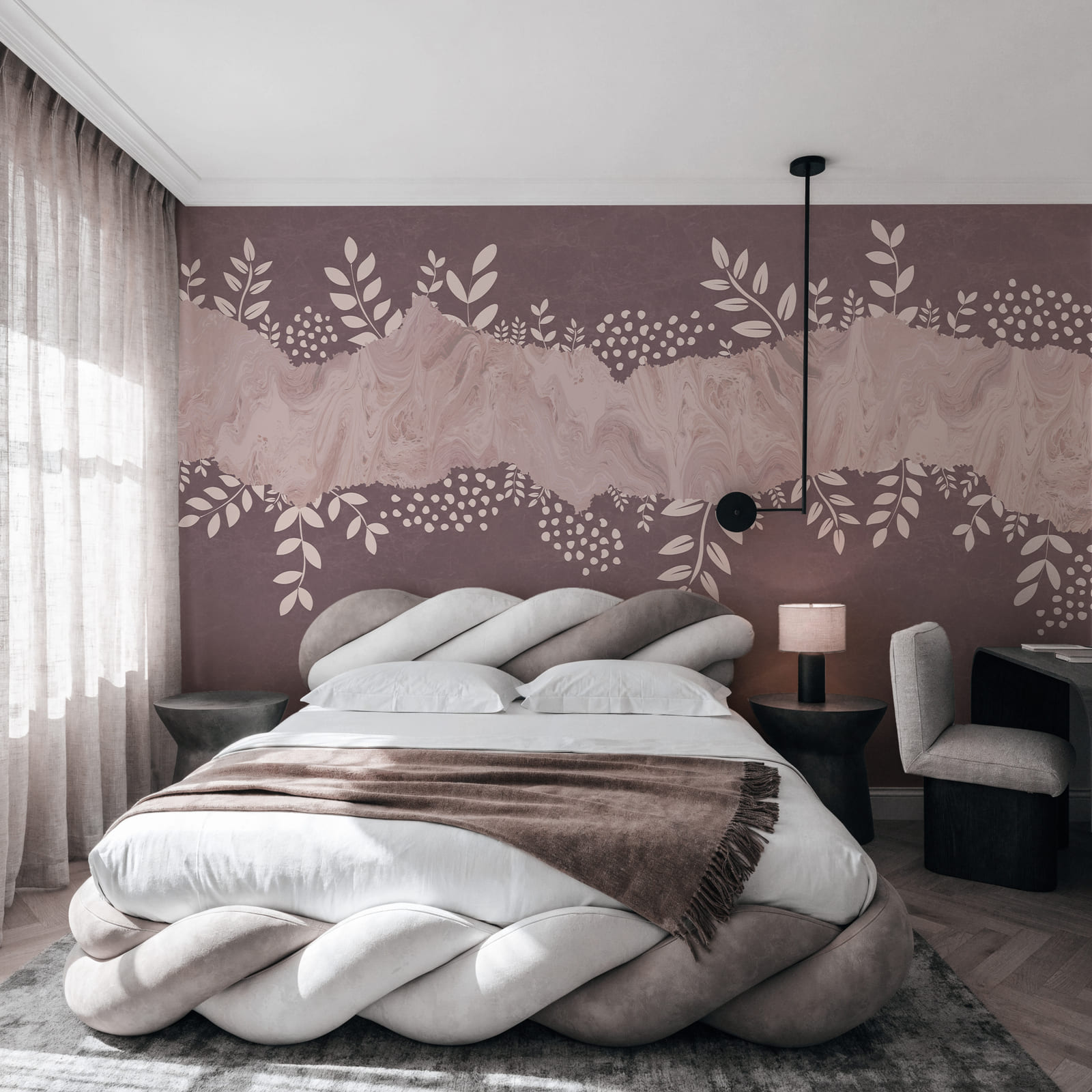 Lila-weißer Hintergrund mit Blättern und Blumen