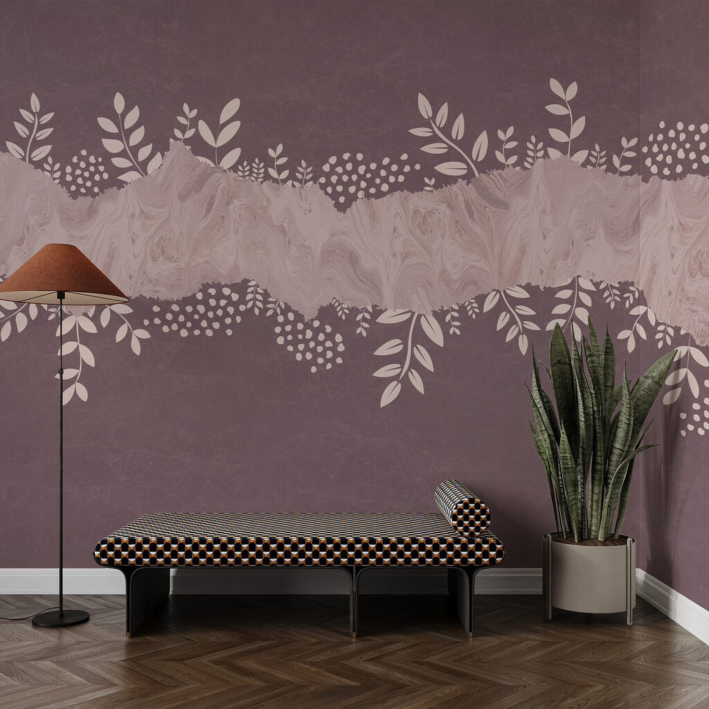 Lila-weißer Hintergrund mit Blättern und Blumen
