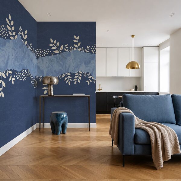 Blau-weißer Hintergrund mit weißen Blättern und Punkten