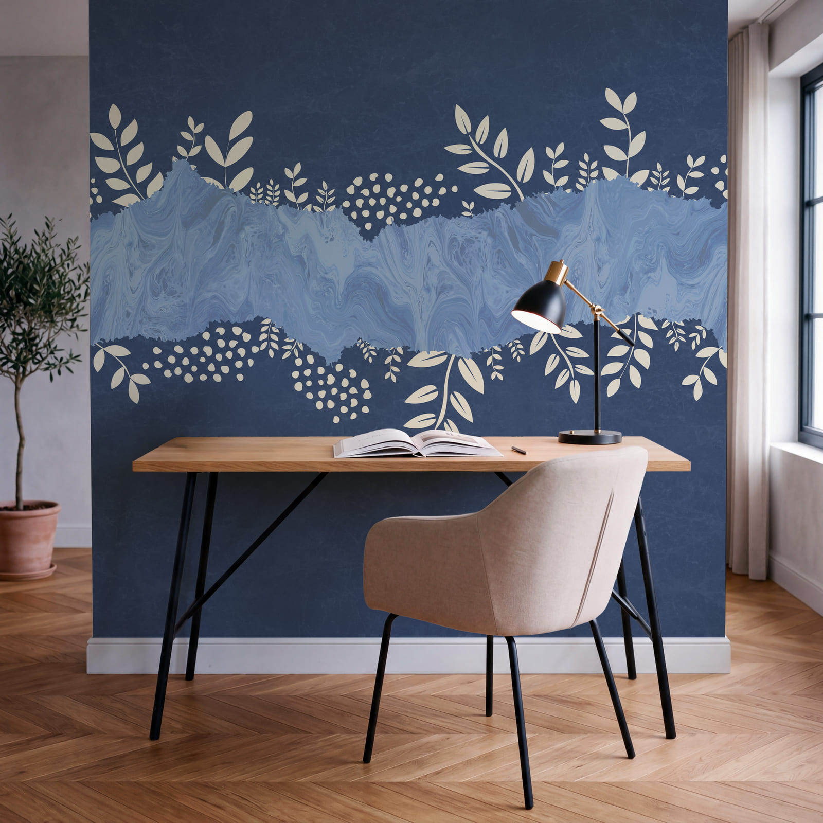 Blau-weißer Hintergrund mit weißen Blättern und Punkten