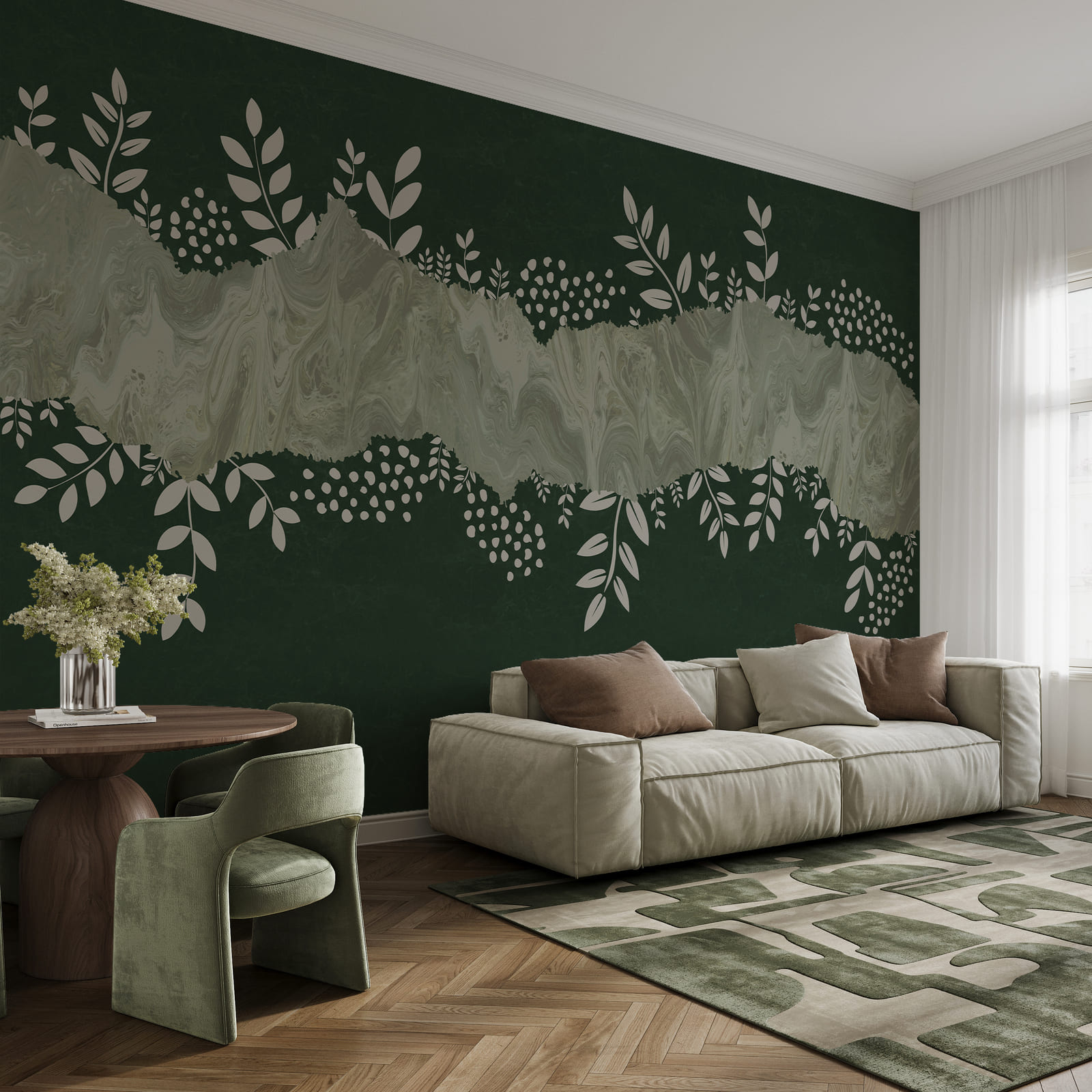 Grün-weißer Hintergrund mit weißen Blättern und Blüten
