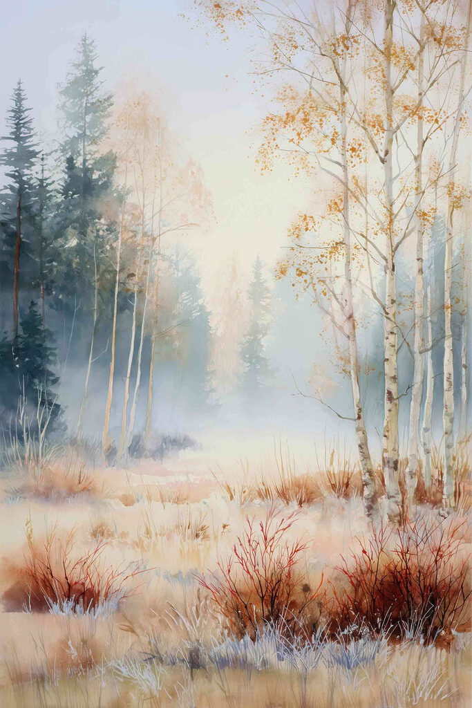 Painting of a forest with trees and fog