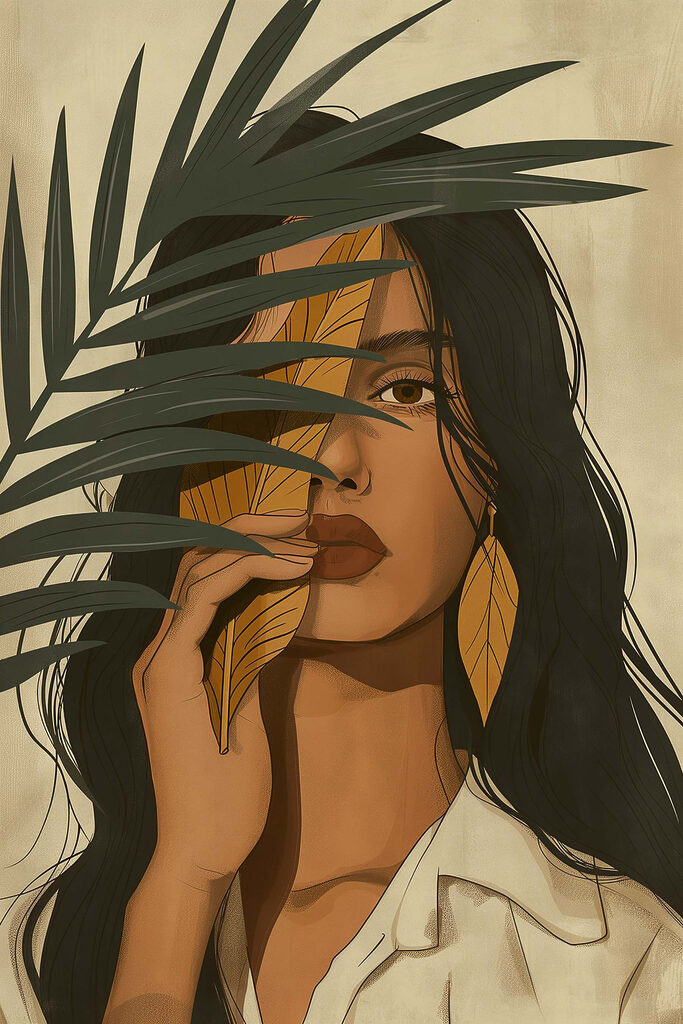 Woman holding a leaf over her face