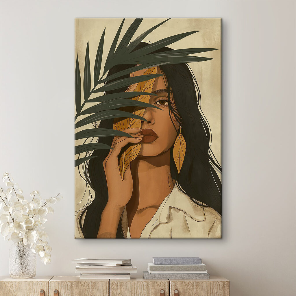 Woman holding a leaf over her face
