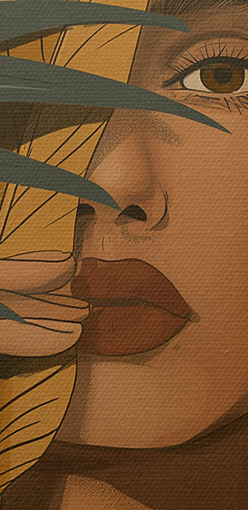 Woman holding a leaf over her face