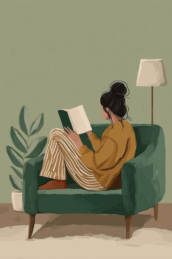 Woman reading a book in a chair