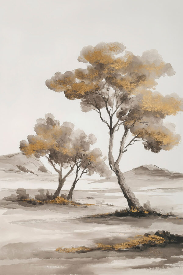 Painting of trees in a desert