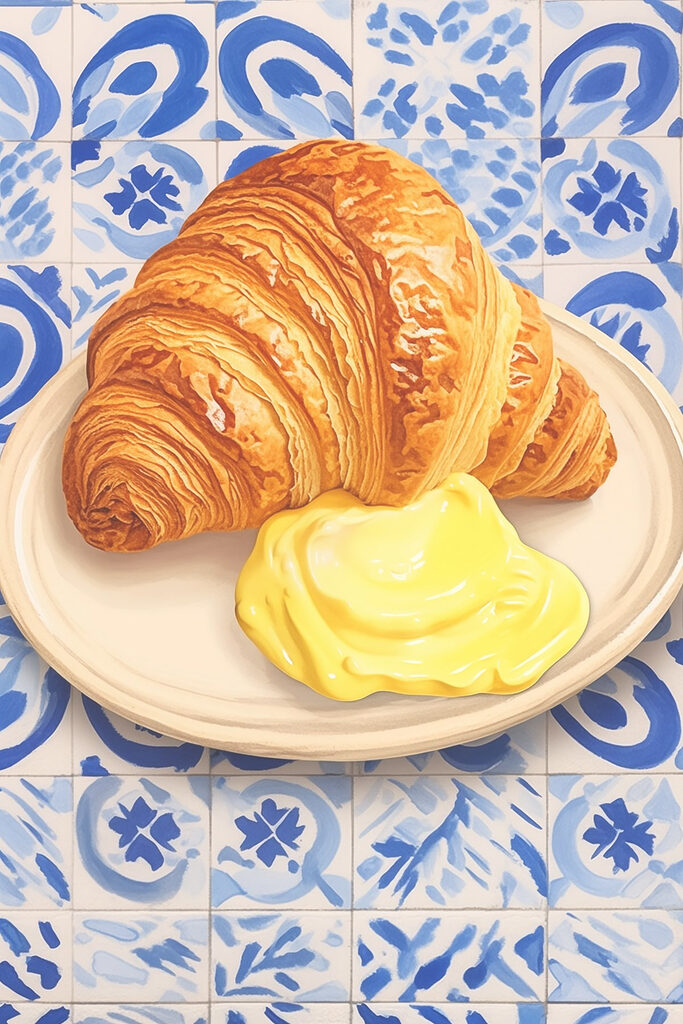 Croissant and a yellow liquid on a plate