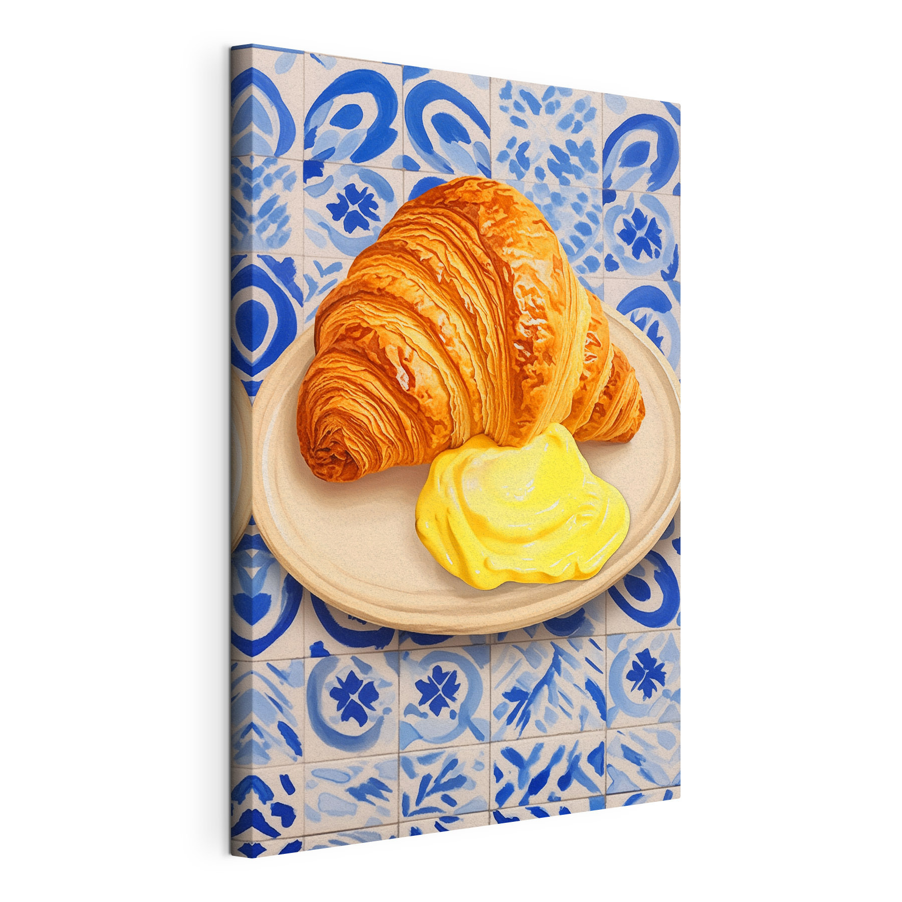 Croissant and a yellow liquid on a plate Croissant and a yellow liquid on a plate
