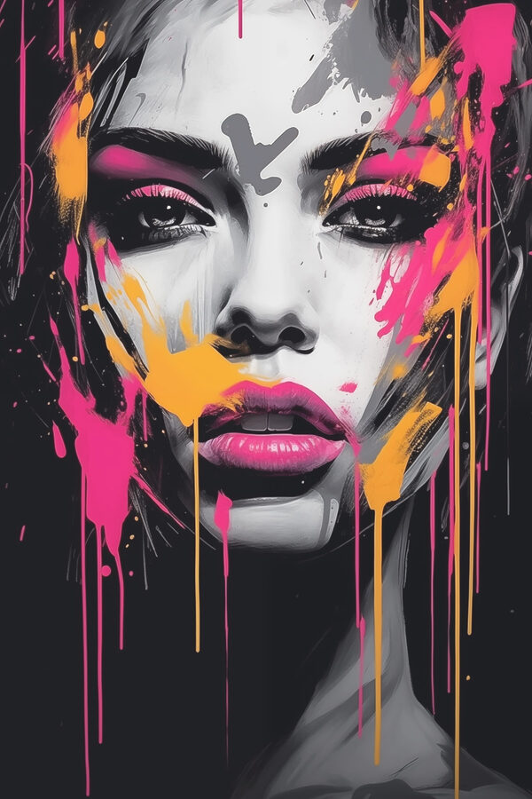 Woman with pink and yellow paint on her face Woman with pink and yellow paint on her face