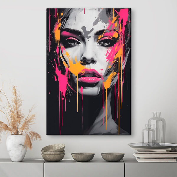 Woman with pink and yellow paint on her face Woman with pink and yellow paint on her face