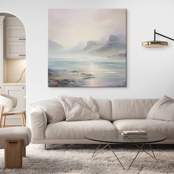 Painting of a landscape with mountains and water
