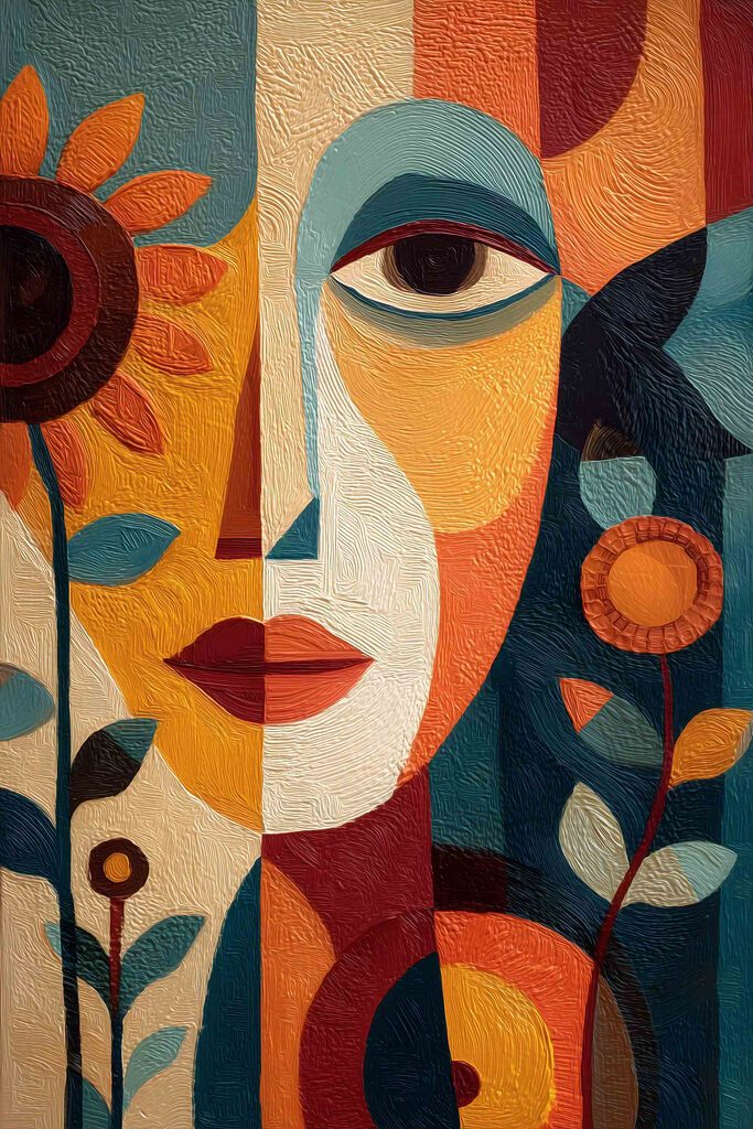 Painting of a woman's face and flowers
