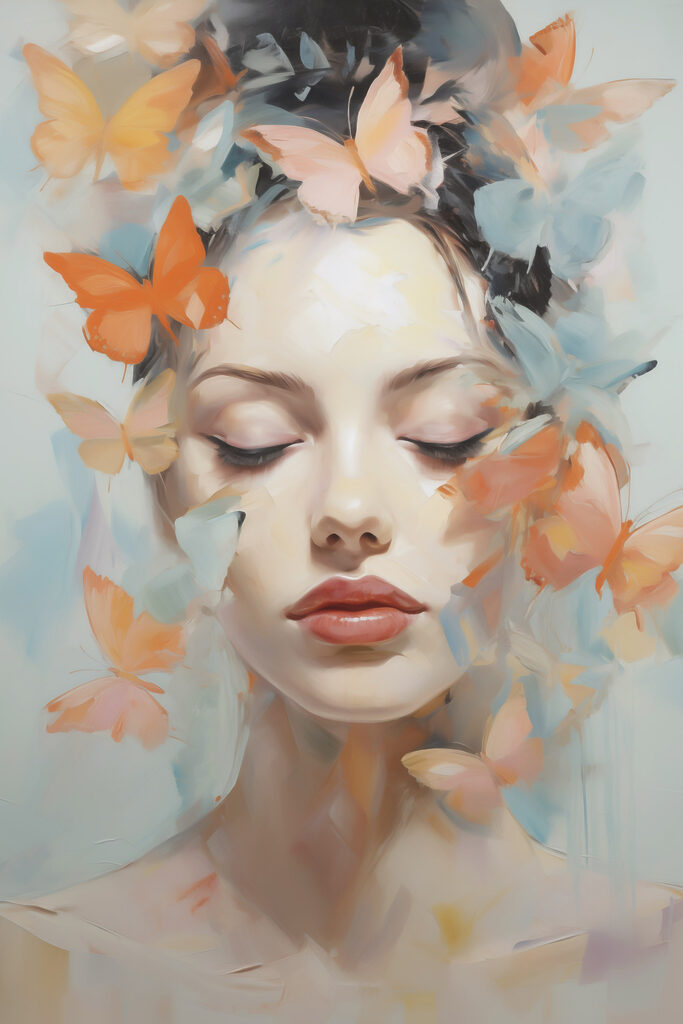 Woman with butterflies around her face