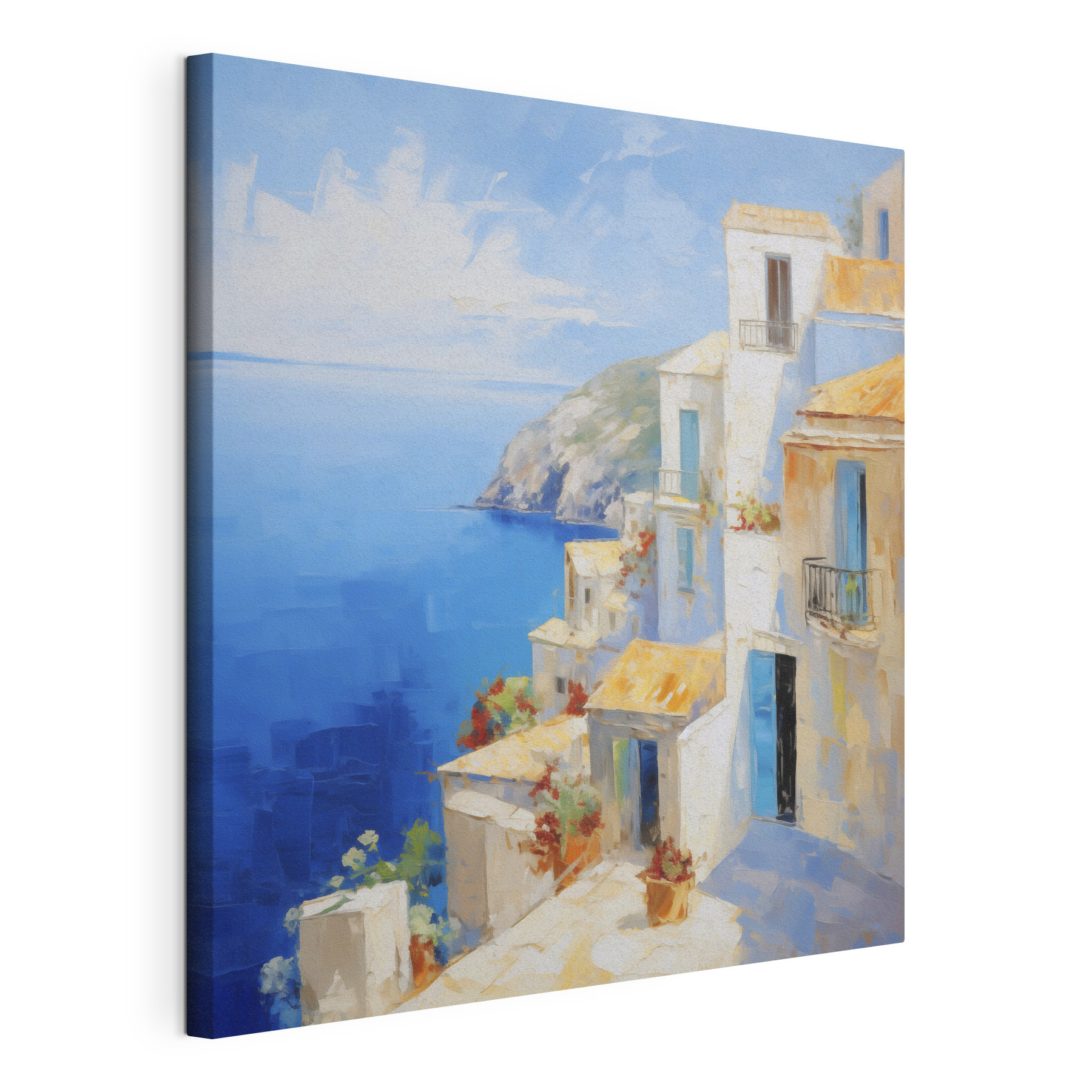 Painting of a white building with a blue sky and water