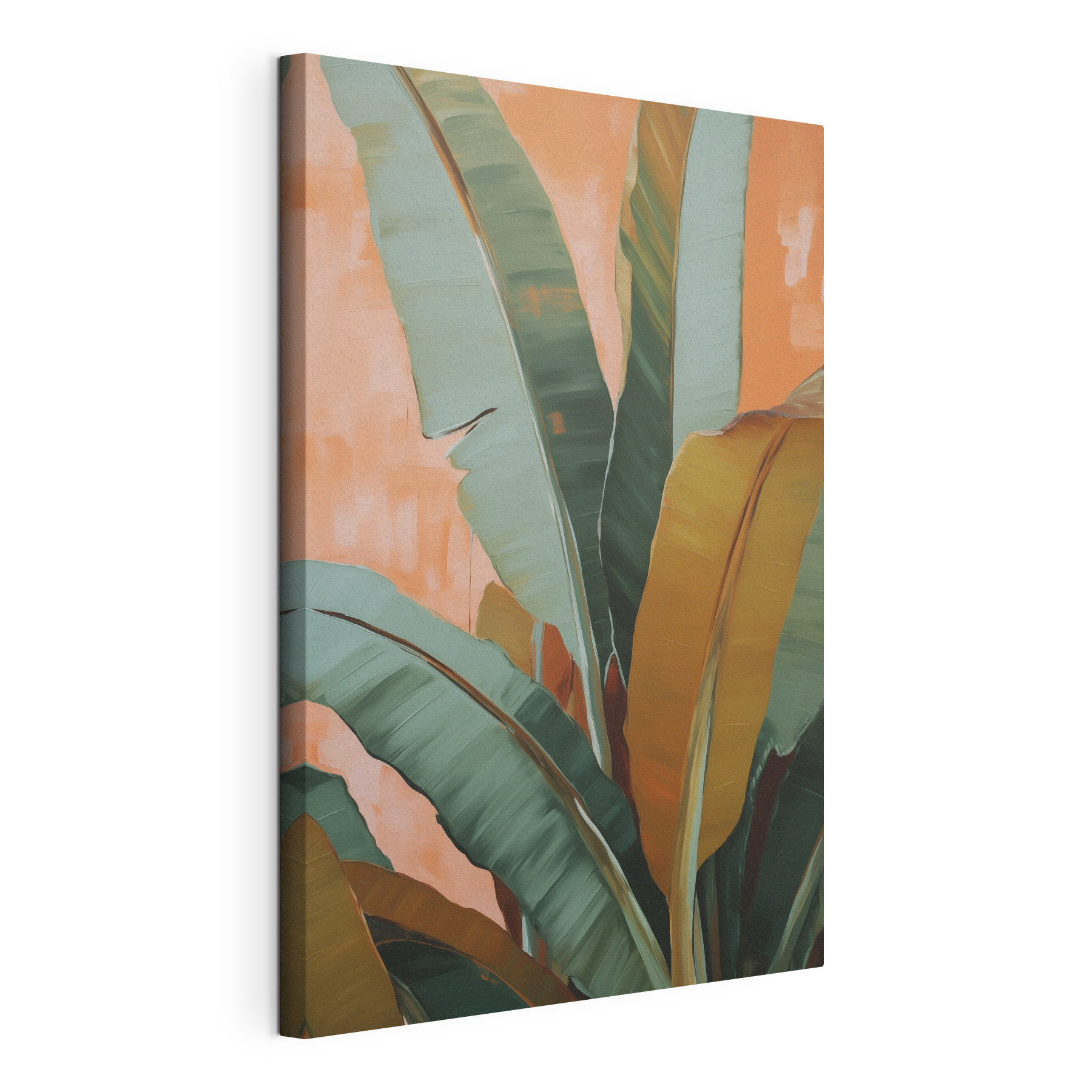 Vibrant tropical leaves against peach backdrop