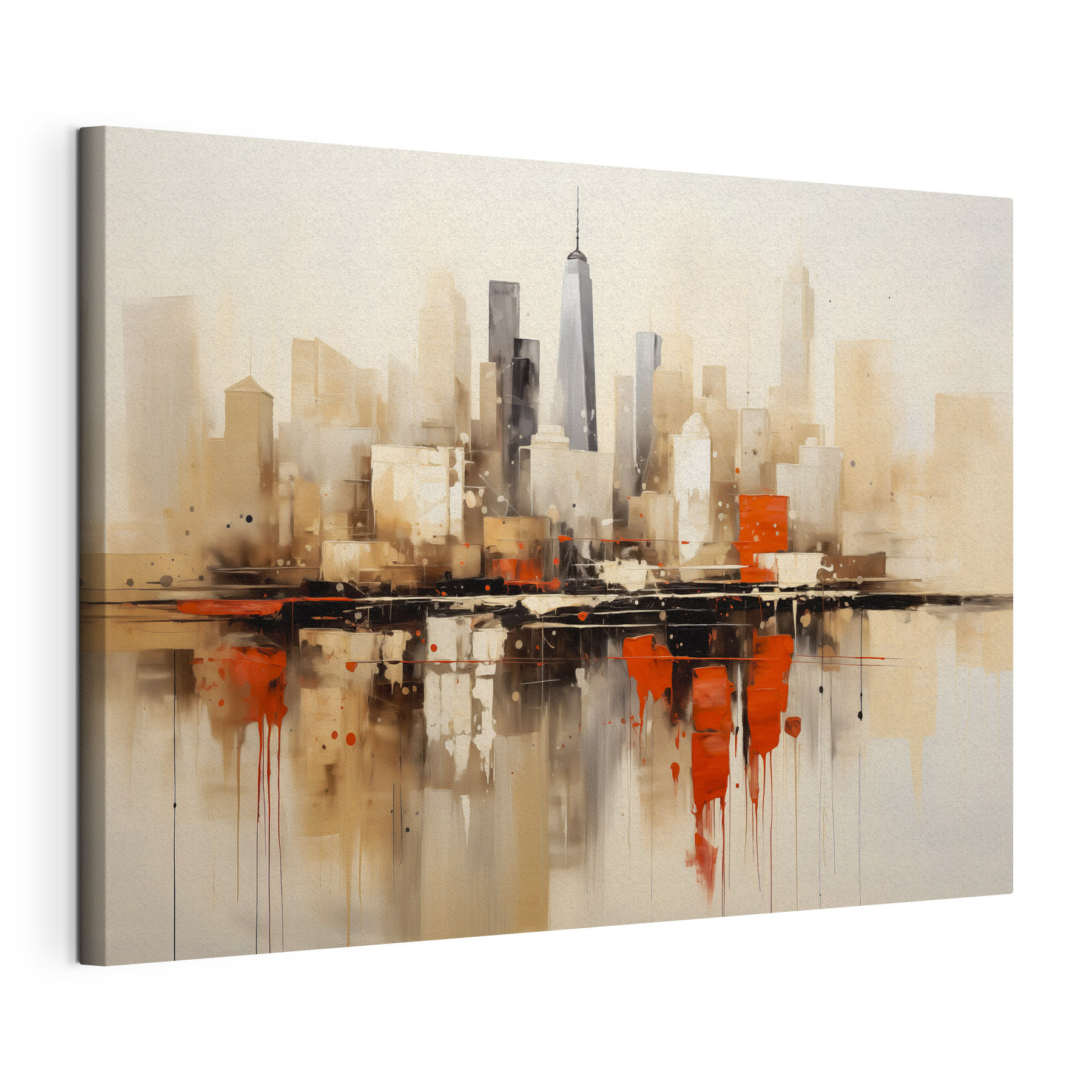 Painting of a city with a reflection of a building