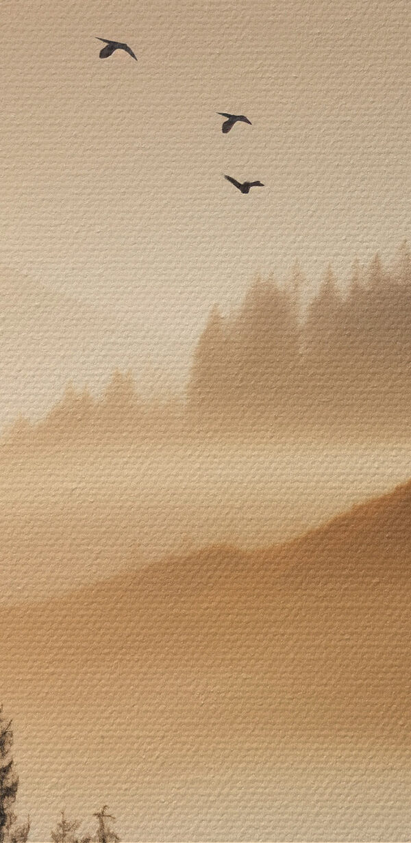 Birds flying over a valley with mountains and trees Birds flying over a valley with mountains and trees