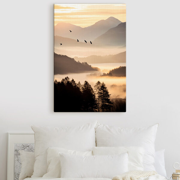Birds flying over a valley with mountains and fog Birds flying over a valley with mountains and fog