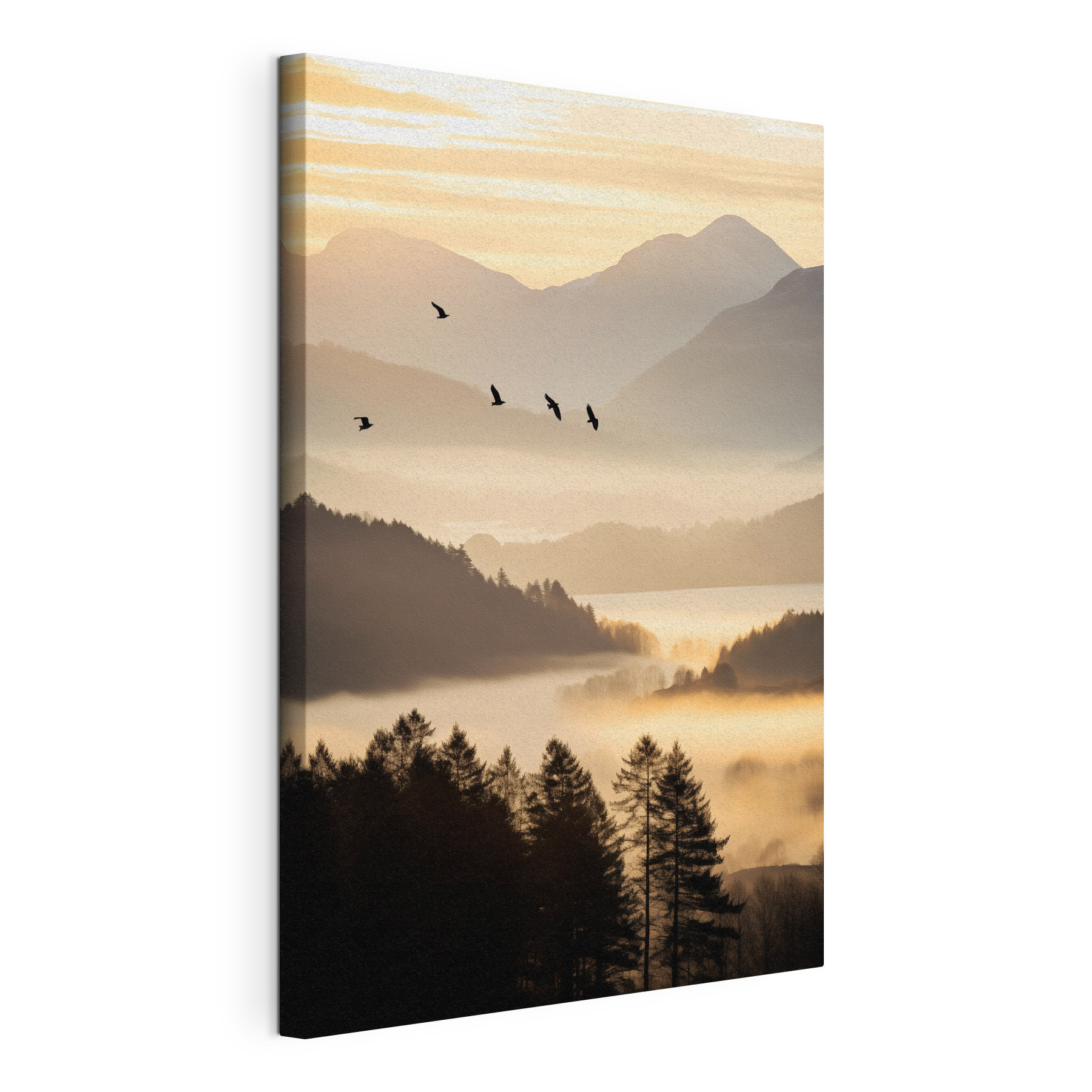 Birds flying over a valley with mountains and fog Birds flying over a valley with mountains and fog