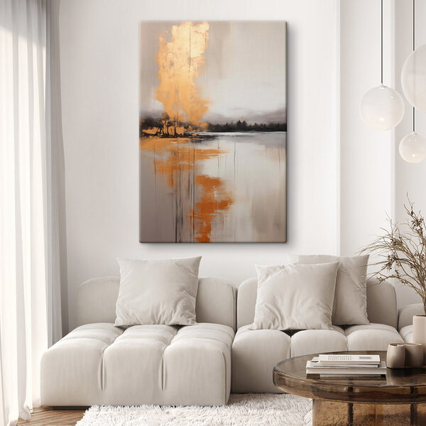 Painting of a lake with trees and fog