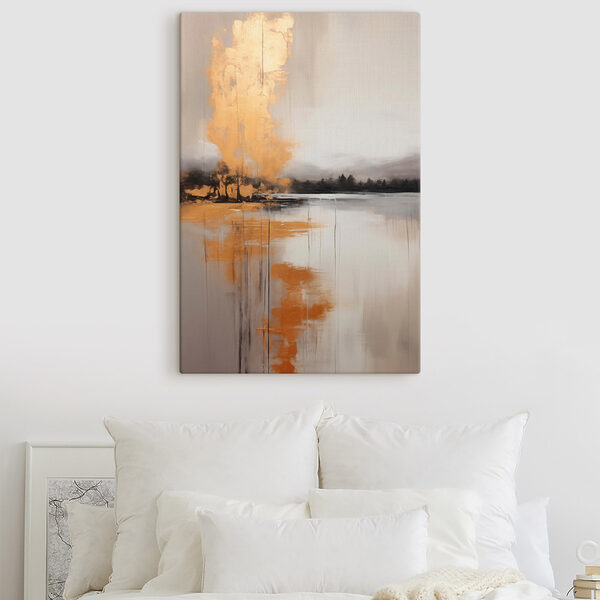 Painting of a lake with trees and fog