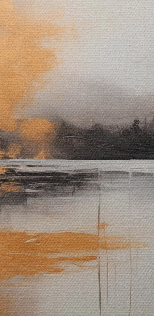 Painting of a lake with trees and fog