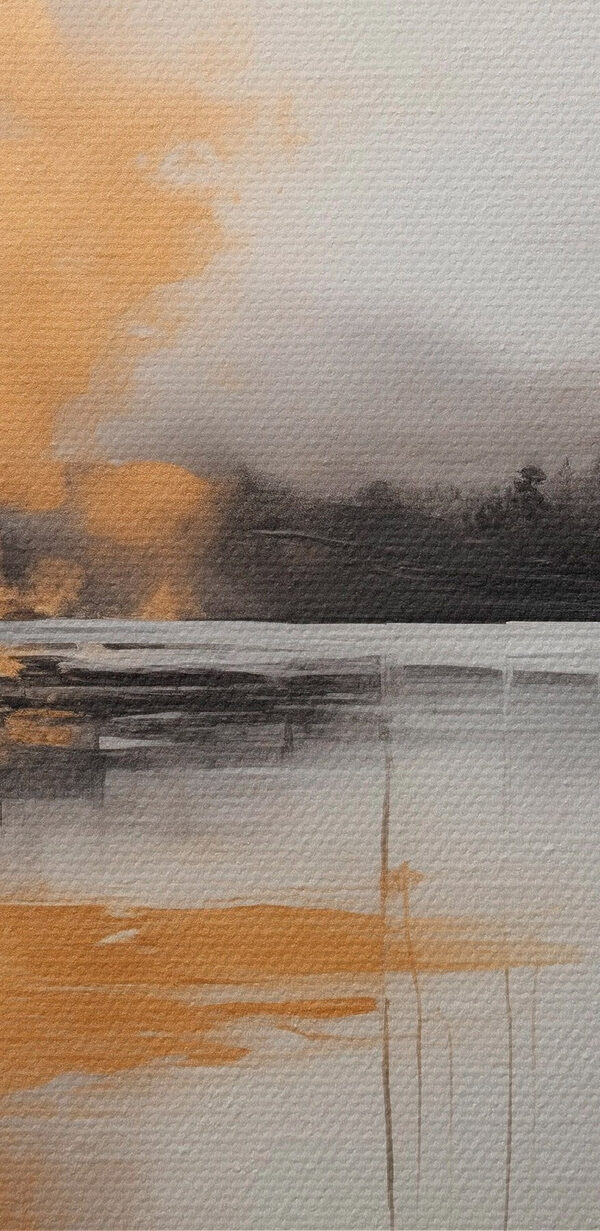 Painting of a lake with trees and fog