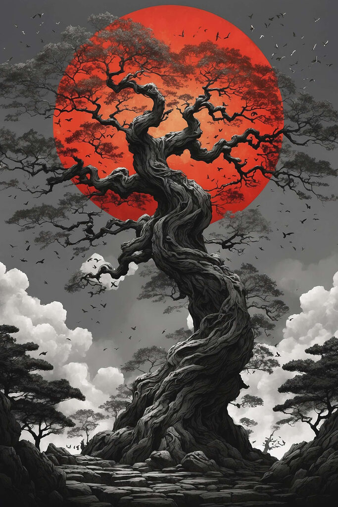 Tree with a red sun behind it
