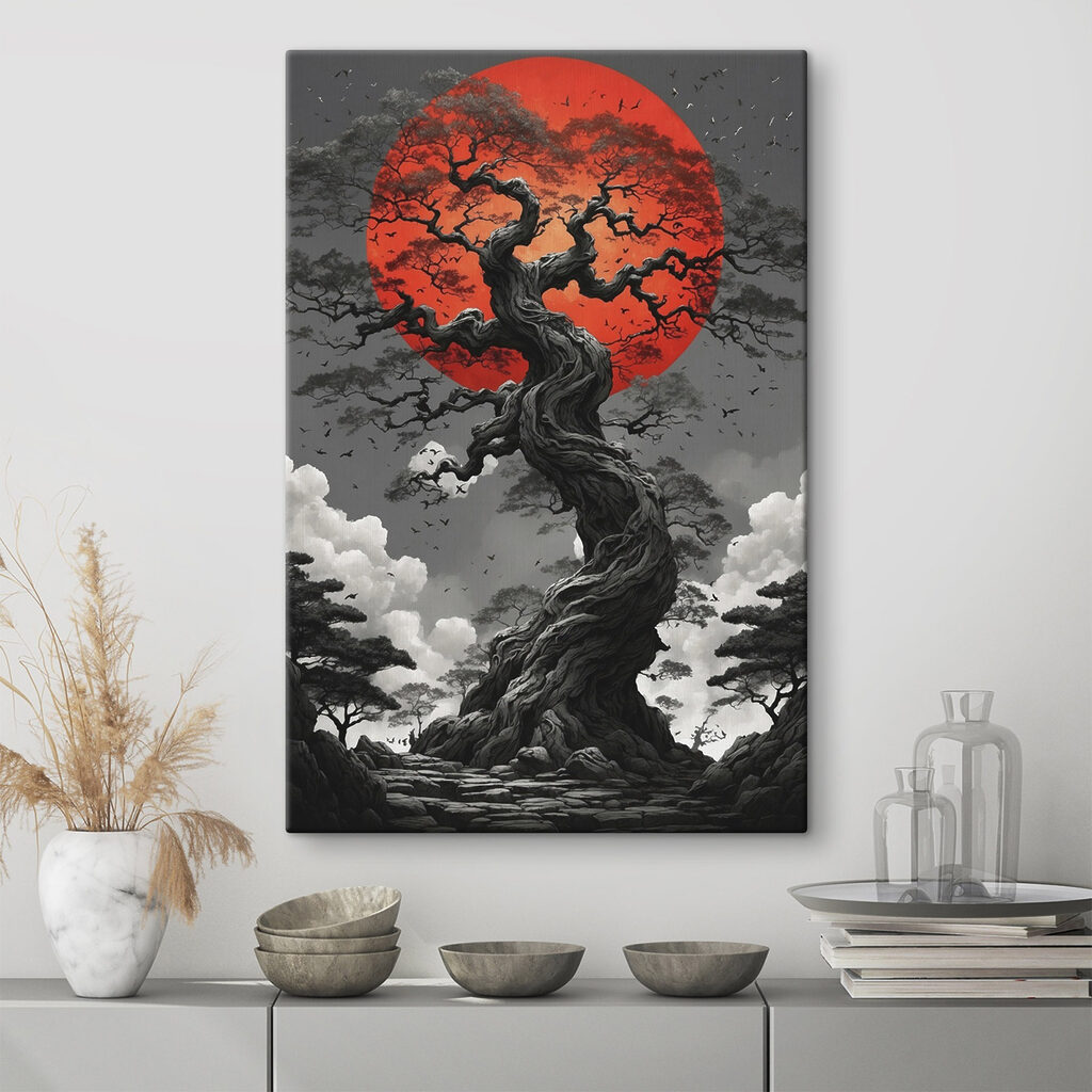 Tree with a red sun behind it