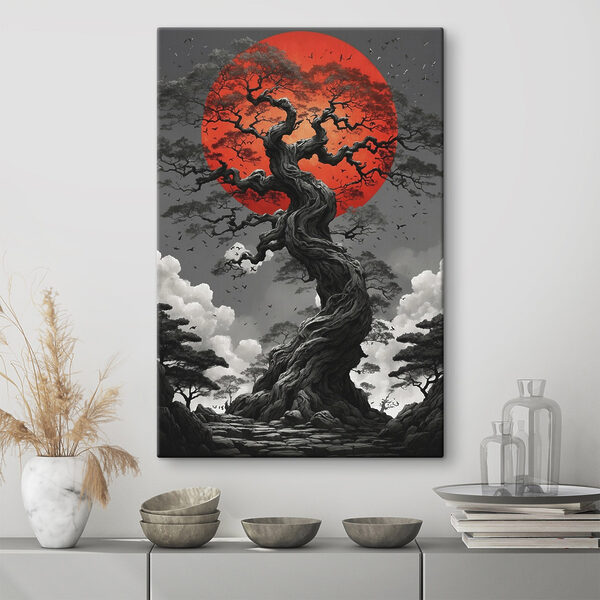 Tree with a red sun behind it