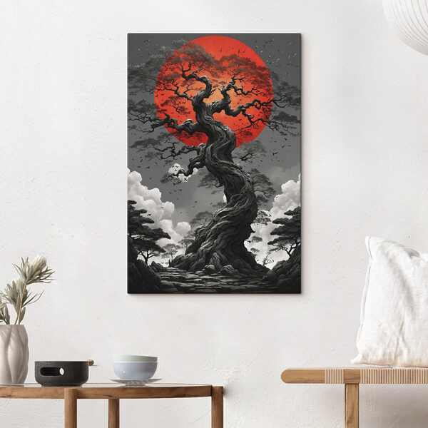 Tree with a red sun behind it